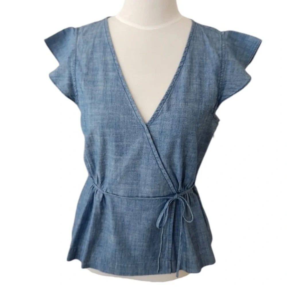 2/$30 J. Crew - Chambray Flutter Sleeve Faux Wrap Tie Waist Blouse Blue Size 00